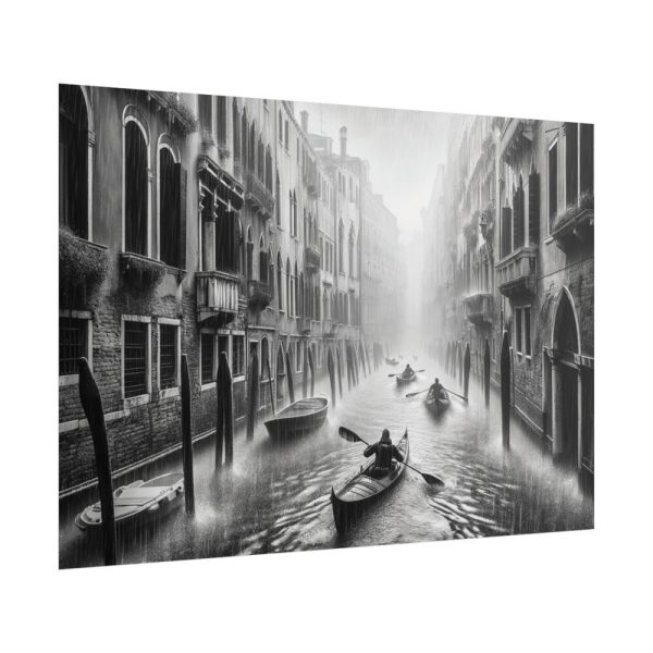 Black and White Venice Canal During Heavy Rain Poster