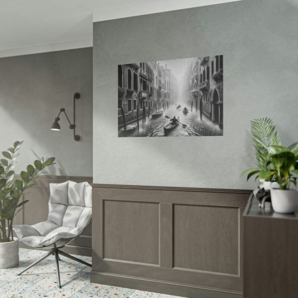 Black and White Venice Canal During Heavy Rain Poster