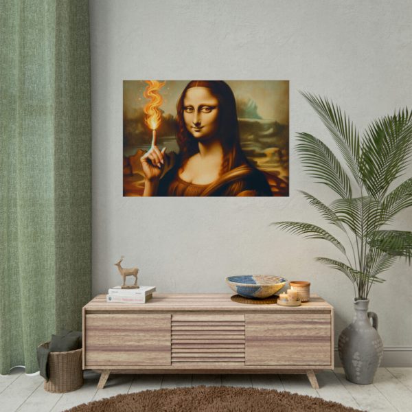 101875-643.jpg Mona Lisa Raising Index Finger With Fire Poster