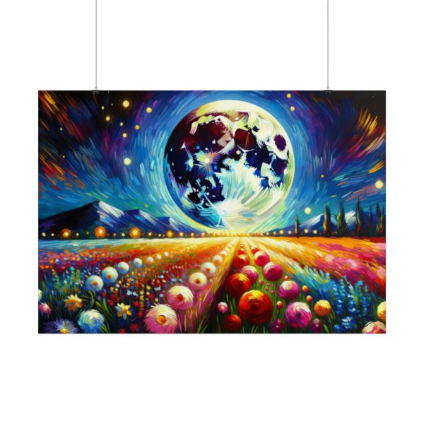 Bright Moon Over Vibrant Field of Flowers Poster