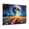 Bright Moon Over Vibrant Field of Flowers Poster