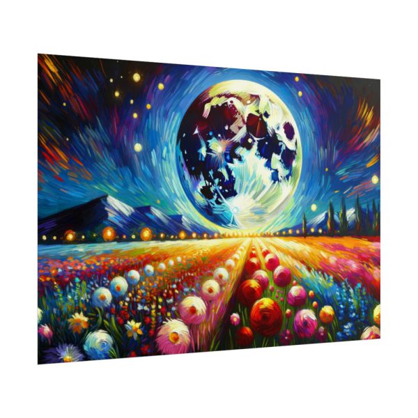 Bright Moon Over Vibrant Field of Flowers Poster