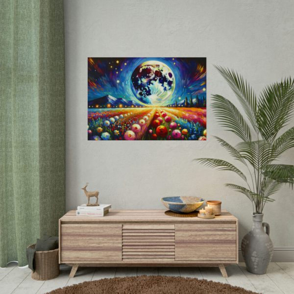 Bright Moon Over Vibrant Field of Flowers Poster