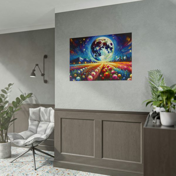 Bright Moon Over Vibrant Field of Flowers Poster