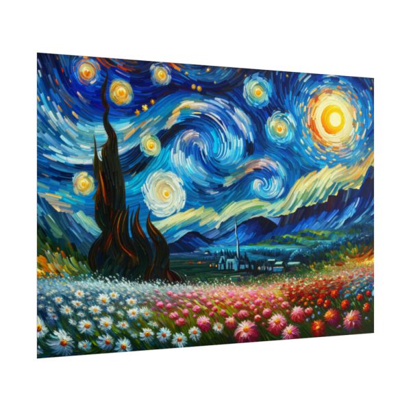 101875-662.jpg Swirling Night Sky Above Vibrant Field of Flowers Poster