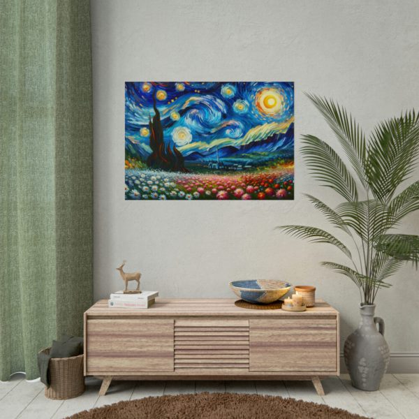 101875-663.jpg Swirling Night Sky Above Vibrant Field of Flowers Poster