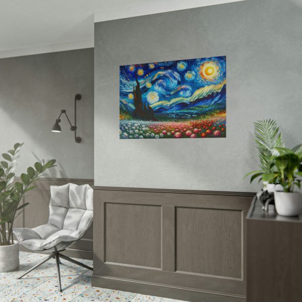101875-664.jpg Swirling Night Sky Above Vibrant Field of Flowers Poster