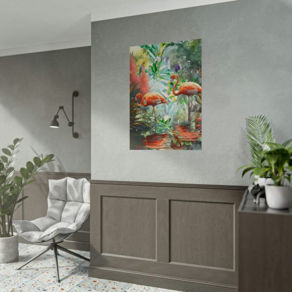 Two Flamingo Birds in Lush Tropical Poster