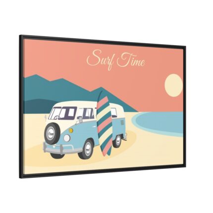 Camper Van, Surfboard, Beach Framed Canvas