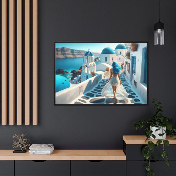 Woman With Blue Hair in Greece Framed Canvas