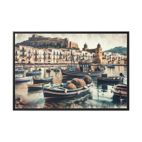 88289-396.jpg Fishing Boats at Cefalu Harbor, Italy Framed Canvas
