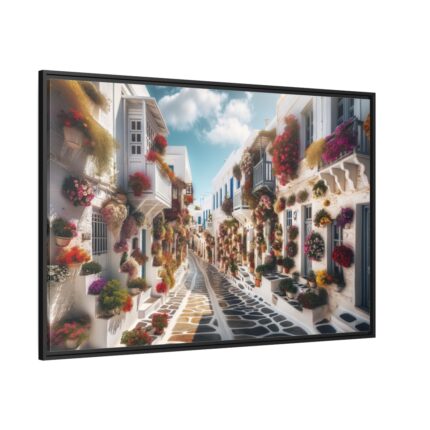 Greek Street With Flowers Framed Canvas