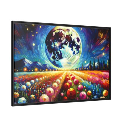 Bright Moon Over Vibrant Field of Flowers Framed Canvas