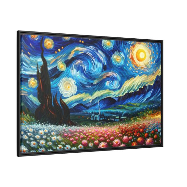Swirling Night Sky Above Vibrant Field of Flowers Framed Canvas