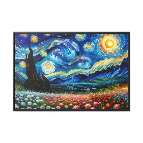 Swirling Night Sky Above Vibrant Field of Flowers Framed Canvas