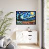 Swirling Night Sky Above Vibrant Field of Flowers Framed Canvas