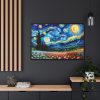 Swirling Night Sky Above Vibrant Field of Flowers Framed Canvas