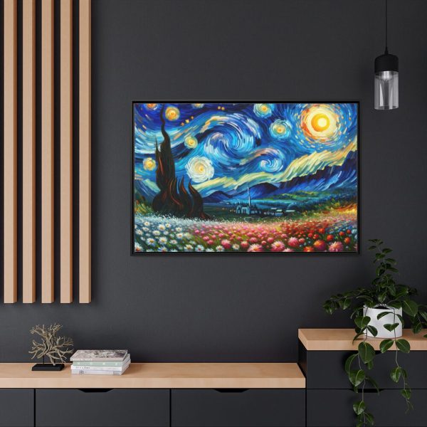 Swirling Night Sky Above Vibrant Field of Flowers Framed Canvas