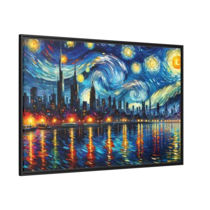 City Skyline at Night With Vibrant Swirling Colors Framed Canvas