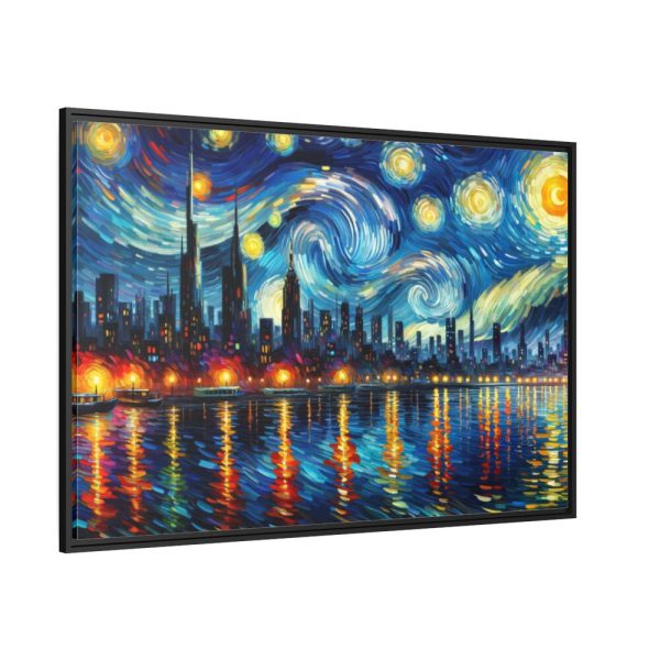 City Skyline at Night With Vibrant Swirling Colors Framed Canvas