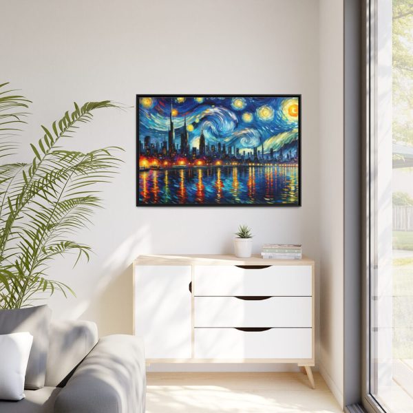 City Skyline at Night With Vibrant Swirling Colors Framed Canvas