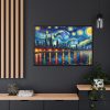 City Skyline at Night With Vibrant Swirling Colors Framed Canvas