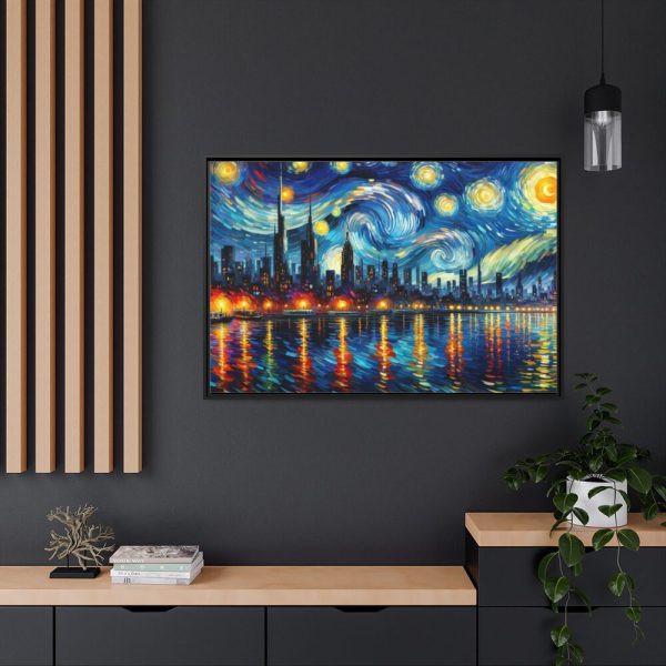 City Skyline at Night With Vibrant Swirling Colors Framed Canvas