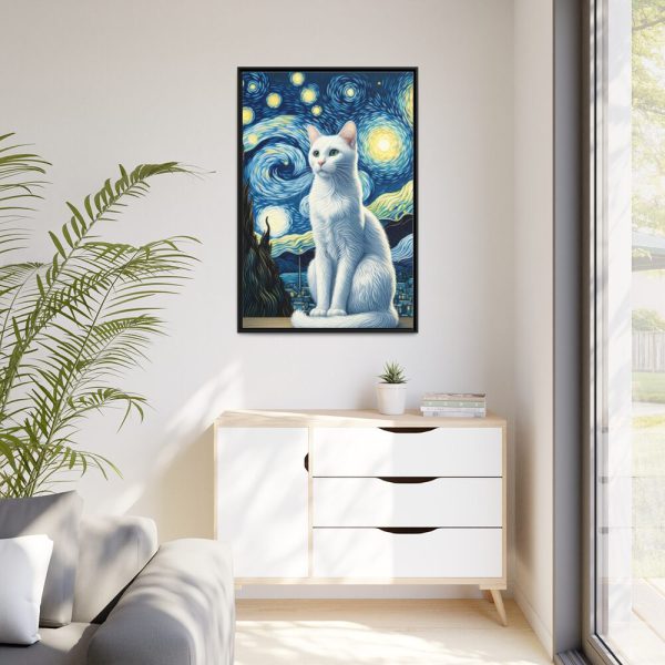 White Cat Sitting and Looking Forward Framed Canvas