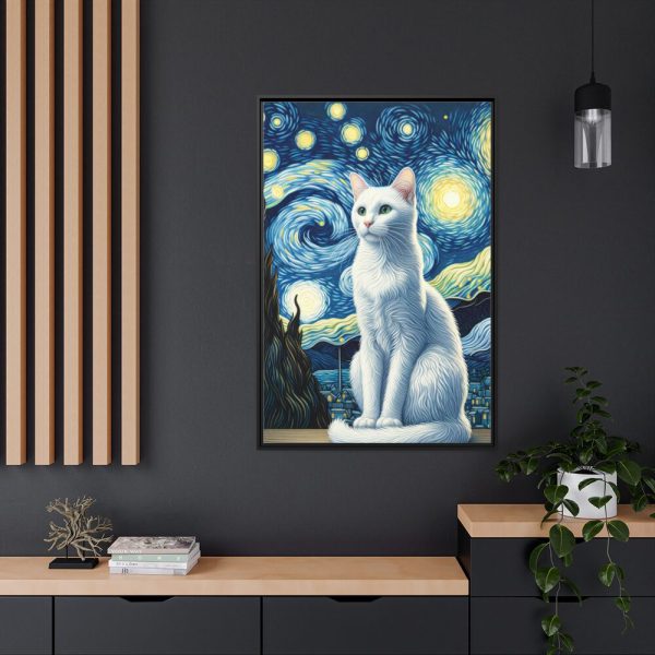 White Cat Sitting and Looking Forward Framed Canvas