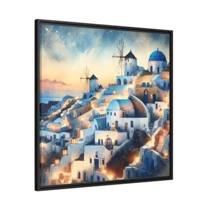 Oia Village in Santorini at Night Framed Canvas