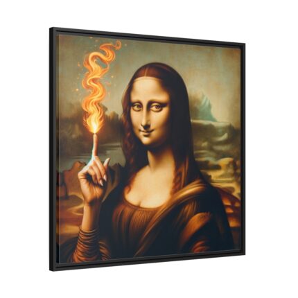 Mona Lisa Raising Index Finger With Fire Framed Canvas