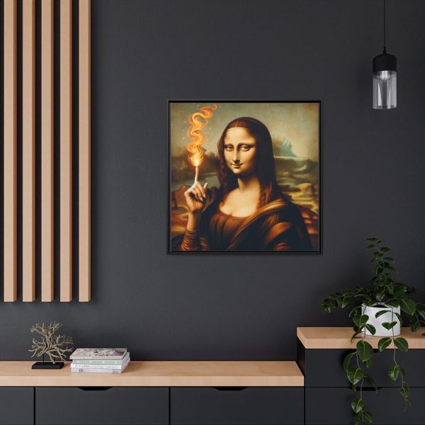 88302-249.jpg Mona Lisa Raising Index Finger With Fire Framed Canvas