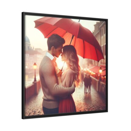 Couple Embracing Under Red Umbrella Framed Canvas
