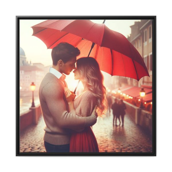 Couple Embracing Under Red Umbrella Framed Canvas