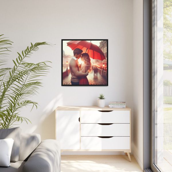 Couple Embracing Under Red Umbrella Framed Canvas