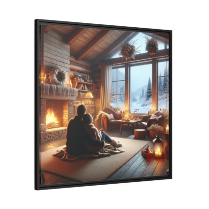Couple in a Romantic Winter Cabin Framed Canvas