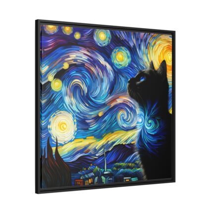 Cat Looking up at Swirling Night Sky Framed Canvas