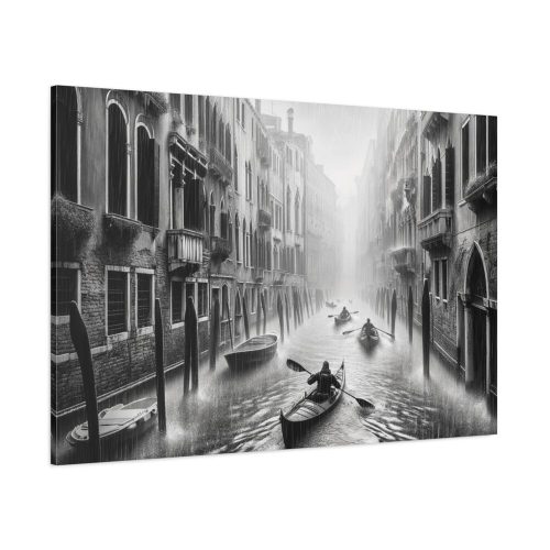 Black and White Venice Canal During Heavy Rain Standard Canvas