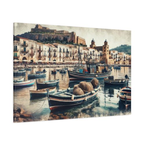 91638-400.jpg Fishing Boats at Cefalu Harbor, Italy Standard Canvas
