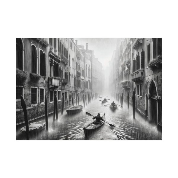 Black and White Venice Canal During Heavy Rain Poster