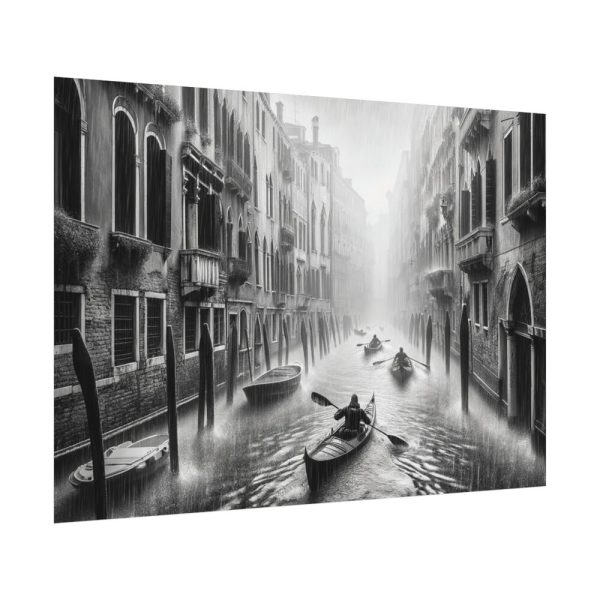 Black and White Venice Canal During Heavy Rain Poster