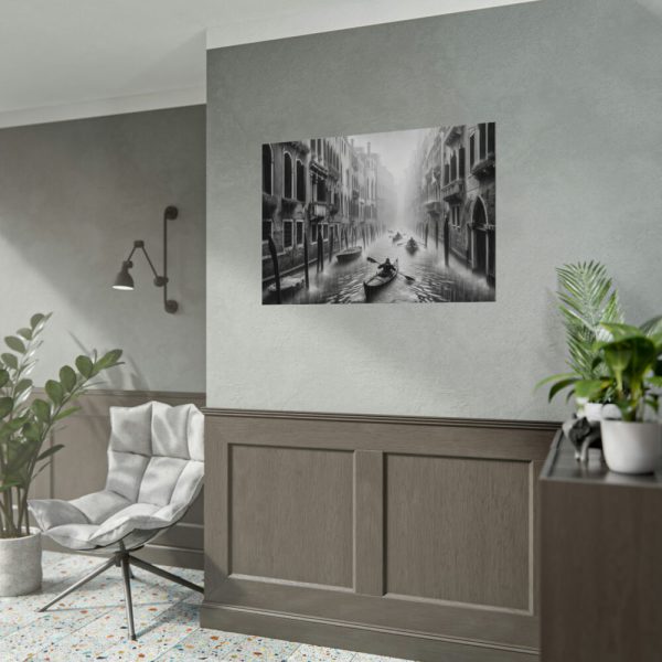 Black and White Venice Canal During Heavy Rain Poster