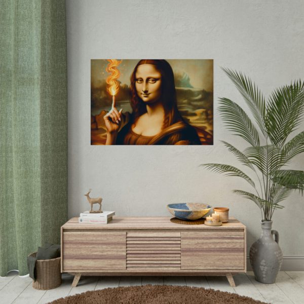 92408-648.jpg Mona Lisa Raising Index Finger With Fire Poster