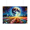 Bright Moon Over Vibrant Field of Flowers Poster