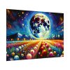 Bright Moon Over Vibrant Field of Flowers Poster
