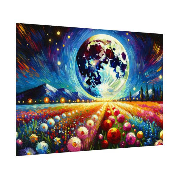 Bright Moon Over Vibrant Field of Flowers Poster
