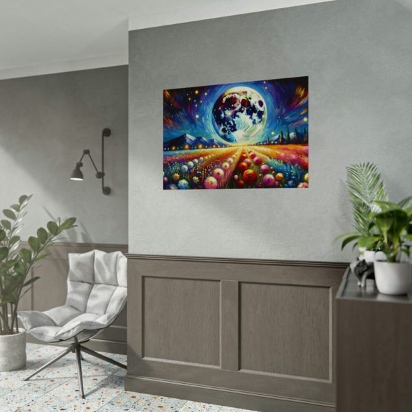 Bright Moon Over Vibrant Field of Flowers Poster