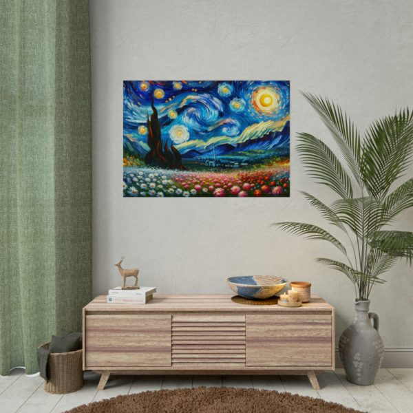 92408-668.jpg Swirling Night Sky Above Vibrant Field of Flowers Poster