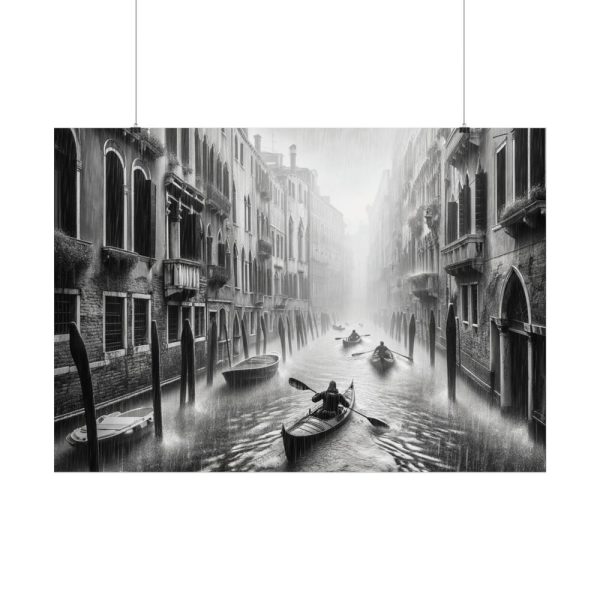 Black and White Venice Canal During Heavy Rain Poster