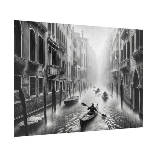 Black and White Venice Canal During Heavy Rain Poster
